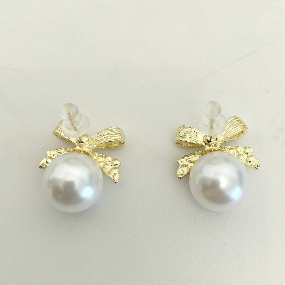Gold Bow Stud Earrings 18K Faux Pearl Rhinestone Coquette Romantic 💖 - Picture 9 of 13